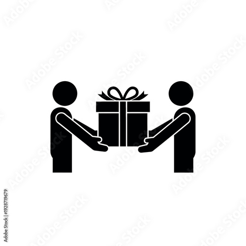 Two people exchanging a gift box with a ribbon.