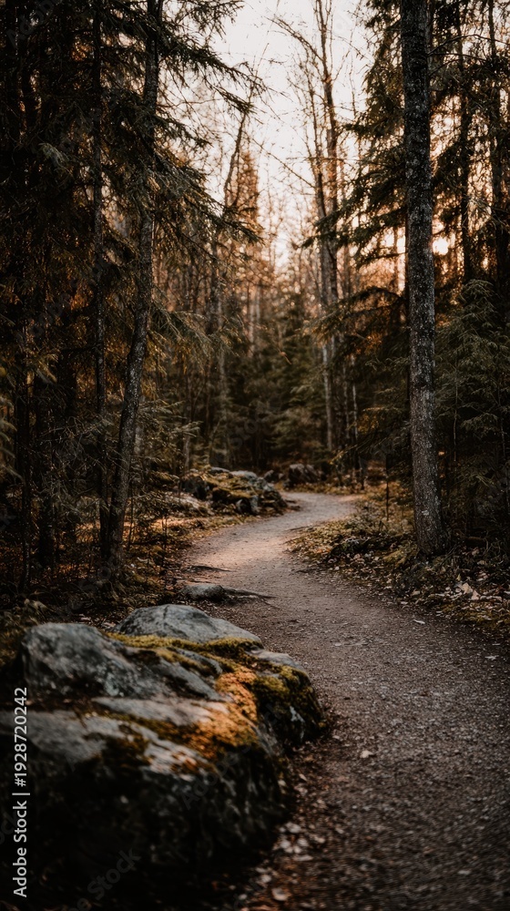 Fototapeta premium Sunlit path winding through a dense forest.