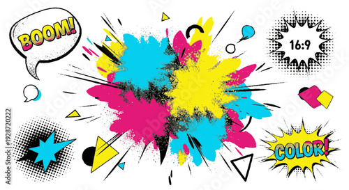 Vibrant comic style explosion with colorful splatter speech bubbles and dynamic graphics on white background