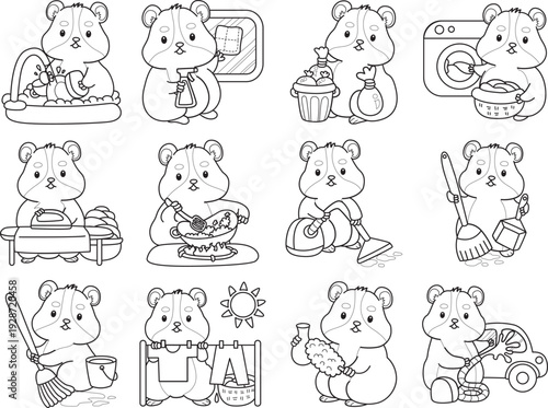 Coloring pages of Cute set of hamster sticker with activity.  Outline of hamster 