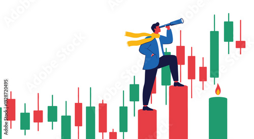 Businessman looking through telescope at rising candlestick graph