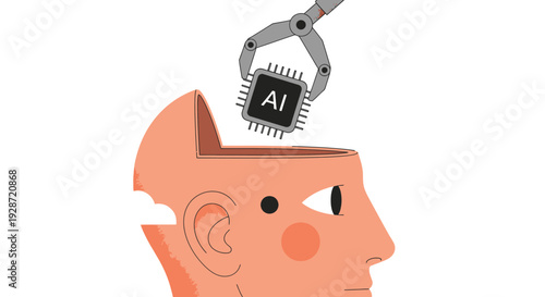 Robotic arm placing artificial intelligence chip into human head