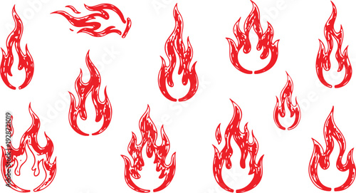 A collection of expressive, hand-drawn red flame icons featuring a unique dry-brush texture and organic outlines. 