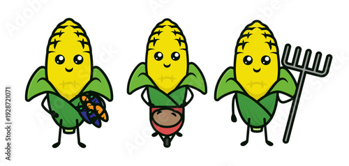 Set of cute corn mascot designs.