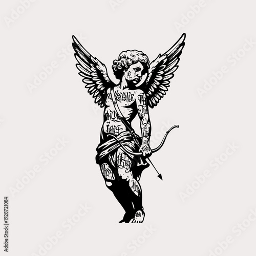 Gothic Cupid Angel with Script Tattoos Illustration