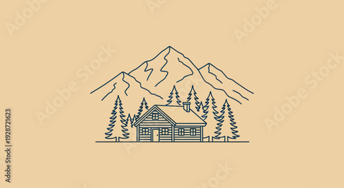 Simple Line Art House with Mountains.