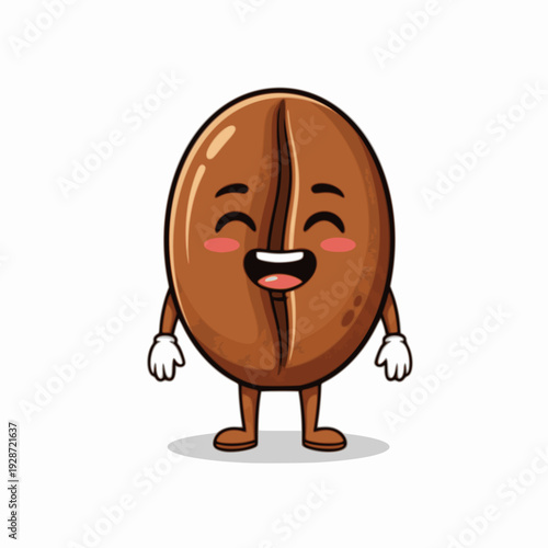 A cute and happy cartoon coffee bean character smiling with closed eyes and rosy cheeks, standing on a white background.