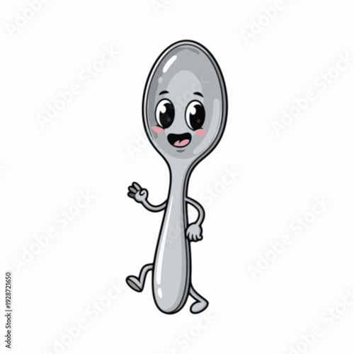 Cute cartoon silver spoon character with a happy face, arms, and legs, waving cheerfully on a white background.