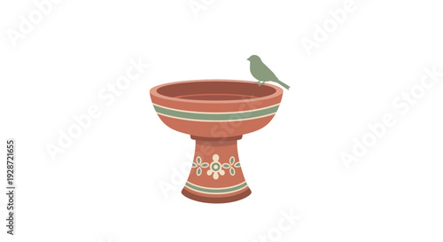 Colorful Clay Pot with Small Bird Perched.