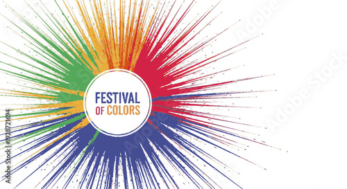 Bright colorful burst design with text 'festival of colors' in vibrant rainbow hues on a white background