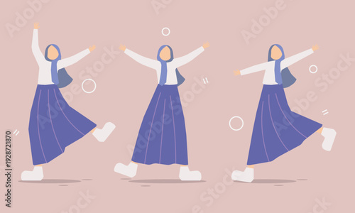 The illustration showcases three female characters in various joyful actions—leaping, dancing, and spreading their arms wide. These poses are carefully crafted to convey a sense of liberation, happine