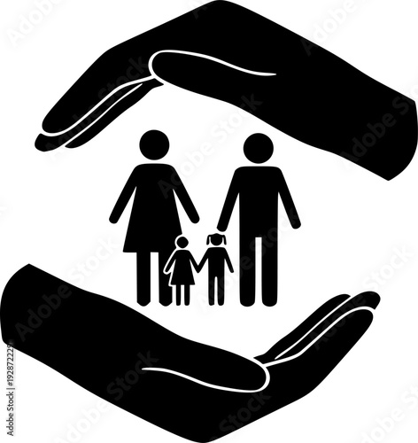 Hands Protecting Family Vector - Black White Community Support Care Security Circle Protection Silhouette Illustration on White Background
