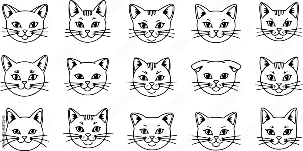 Fototapeta premium Twelve cute cat face line art icons.EPS Vector. 
