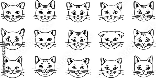 Twelve cute cat face line art icons.EPS Vector.
