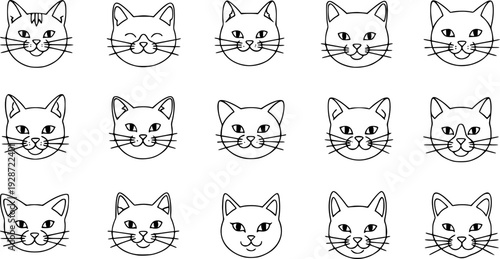 Twelve cute cat face line art icons.EPS Vector.
