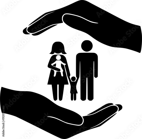 Hands Protecting Family Vector - Black White Community Support Care Security Circle Protection Silhouette Illustration on White Background
