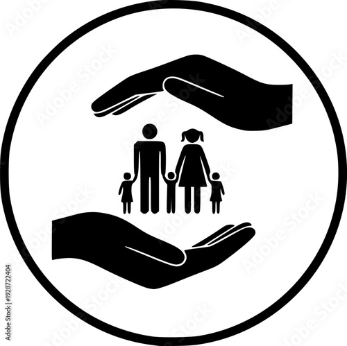 Hands Protecting Family Vector - Black White Community Support Care Security Circle Protection Silhouette Illustration on White Background
