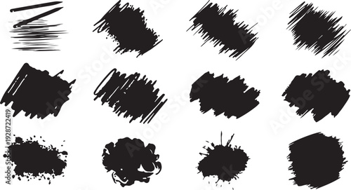 Hand-Drawn Artistic Brush Strokes and Ink Splatter Set in Black on White