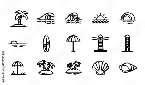 Black and White Beach Line Icons Set with Palm Trees and Sunset