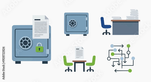Office scene with safe, desk, and flowchart illustrating secure financial transactions.