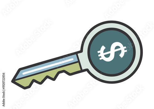 Key with Dollar Sign Icon on Teal Circle, Symbolizing Financial Unlocking or Investment Concept, Simple Illustration Style