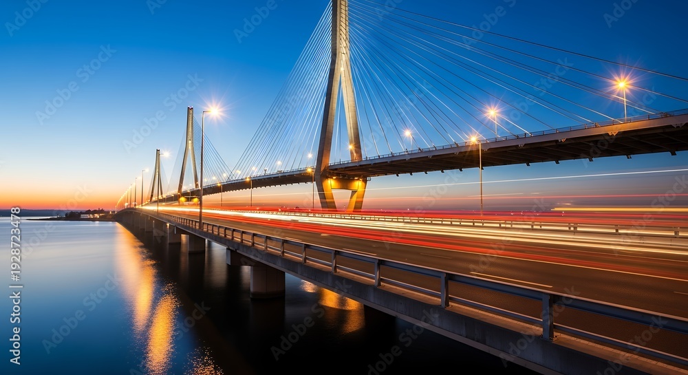 Obraz premium A modern cable-stayed bridge at dusk with traffic and city lights reflecting on the water