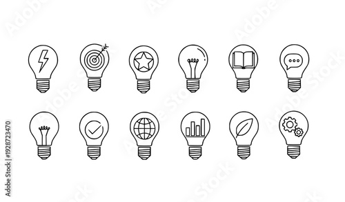 Minimal outline light bulb icon set with symbolic elements