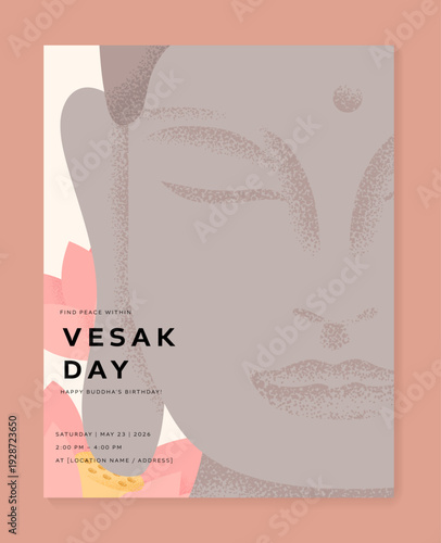 Vesak Day poster with Buddha statue and lotus flower grain texture