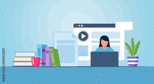 online learning concept, woman using laptop