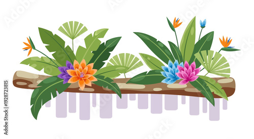 tropical floral arrangement, exotic flowers and leaves on wooden branch