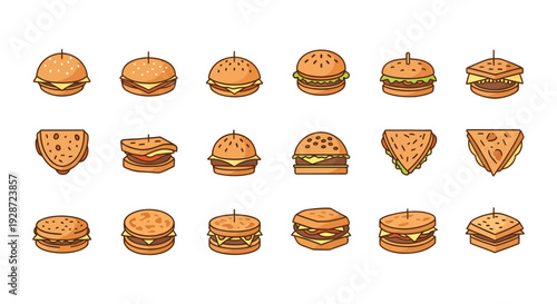 Set of Burger and Sandwich Icons, Flat Vector Illustration of Fast Food, Cheeseburgers, Toasted Sandwiches, and Hamburgers Isolated on White Background