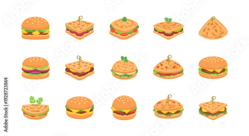 Vector Set of Various Burgers and Sandwiches Icons in Flat Isometric Style Isolated on White Background
