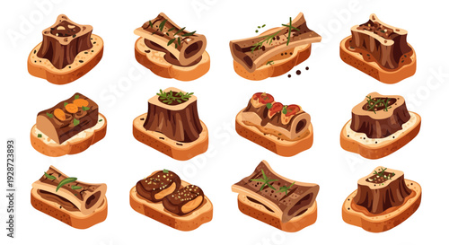 Roasted Bone Marrow on Toasted Bread Illustration Set, Gourmet Beef Marrow Crostini Appetizer Icons on White Background