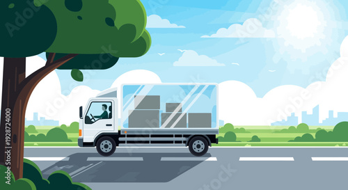 delivery truck on road, transporting goods, sunny day