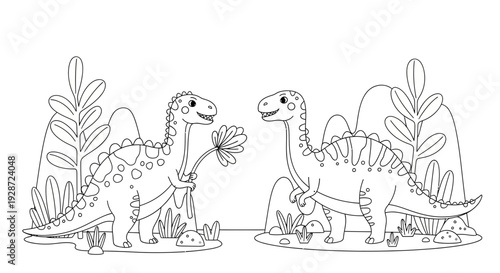 Cute dinosaurs with flower, cartoon illustration, black and white