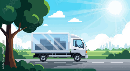 delivery truck driving on road, transportation, shipping