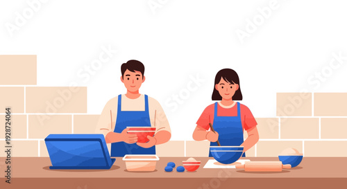 couple baking together, cooking at home, making dessert, kitchen scene