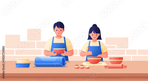 couple baking together, preparing food in the kitchen, cooking concept