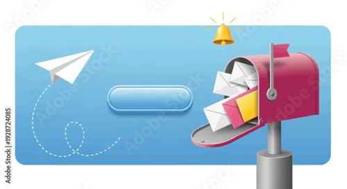 mailbox with paper plane and notification bell, email concept