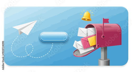 email notification concept, paper plane, mailbox with bell, message delivery