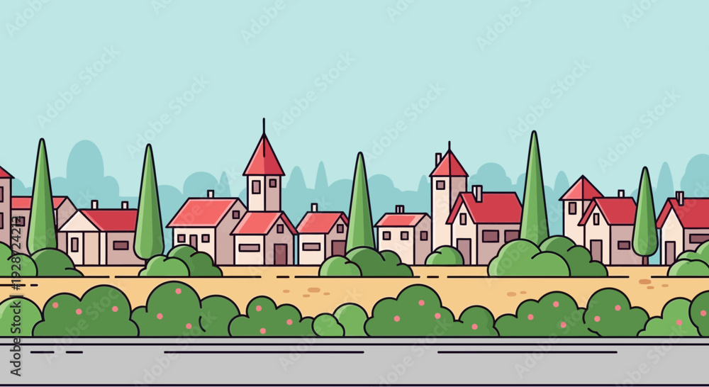 Obraz premium Townscape with houses and trees, flat design illustration