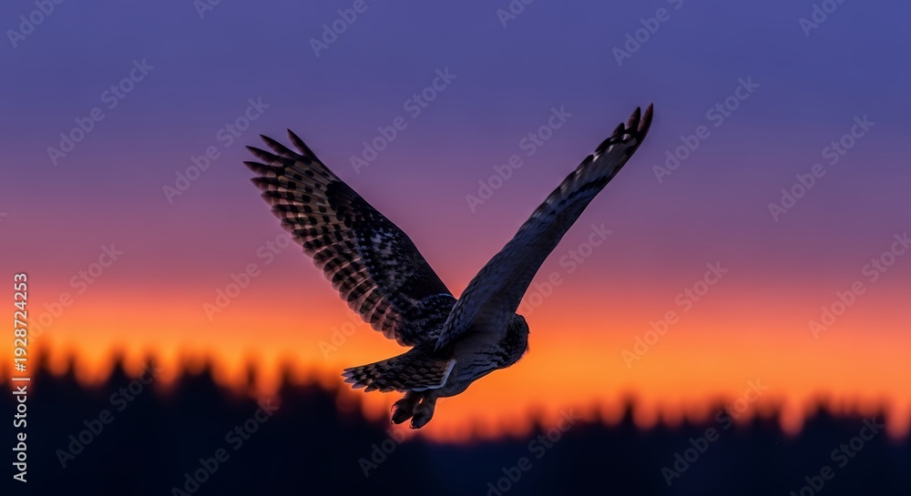 Naklejka premium A majestic owl spreads its wings in a graceful flight against a vibrant sunset sky