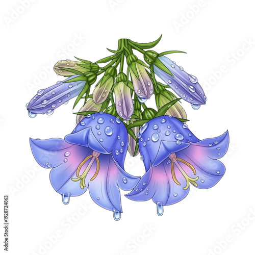 Illustration of Blue Campanula Flower with Dew Drops