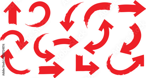 A set of dynamic, red hand-painted arrows featuring textured brush strokes and distressed edges, isolated on a clean white background for versatile design use.