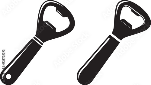 Two black bottle openers isolated on a white background, symbolizing opening drinks and celebrations.