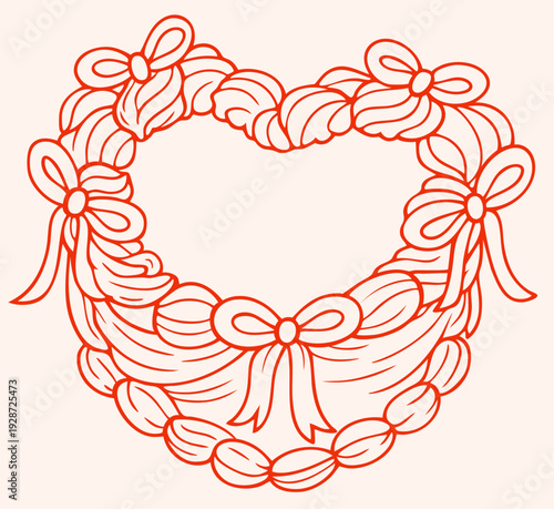 Hand drawn Valentine’s Day heart shaped dessert with bows, romantic love cake illustration for February 14