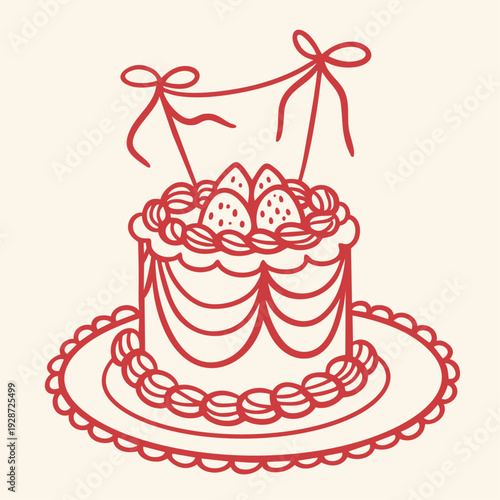 Hand drawn Valentine’s Day strawberry cake on plate, romantic dessert illustration for February 14 love holiday