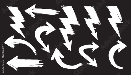 Sketchy arrow set with pen, crayon and chalk effects. Hand drawn style with brush and pencil strokes. Flat vector illustration isolated on white. Distressed rough texture