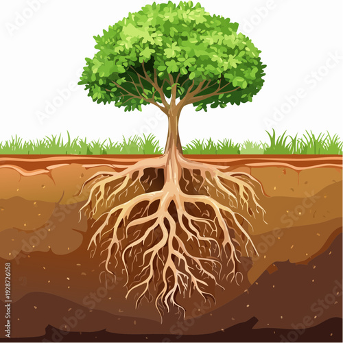 Detailed illustration of a vibrant green tree with sprawling roots and layered soil, viewed from a frontal perspective in a clean white environment
