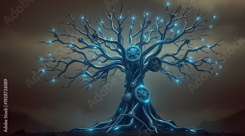 Metallic tree sprouting blue light  gears
